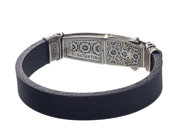 Konstantino Plato Black Spinel Silver Leather Bracelet