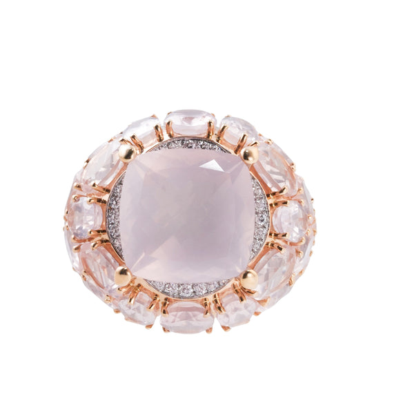 Mimi Milano Boutique Rose Quartz Diamond Gold Cocktail Ring