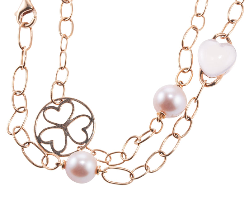 Mimi Milano Juliet Heart Rose Quartz Pearl Gold Station Necklace