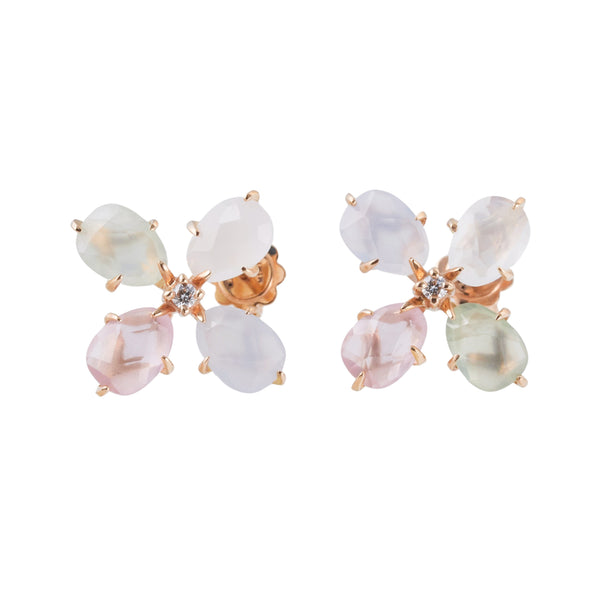Mimi Milano Diamond Rose Quartz Prehnite Chalcedony Flower Gold Earrings