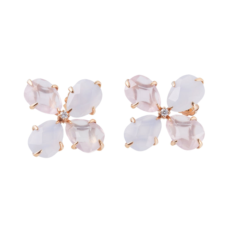 Mimi Milano Diamond Rose Quartz Chalcedony Flower Gold Earrings