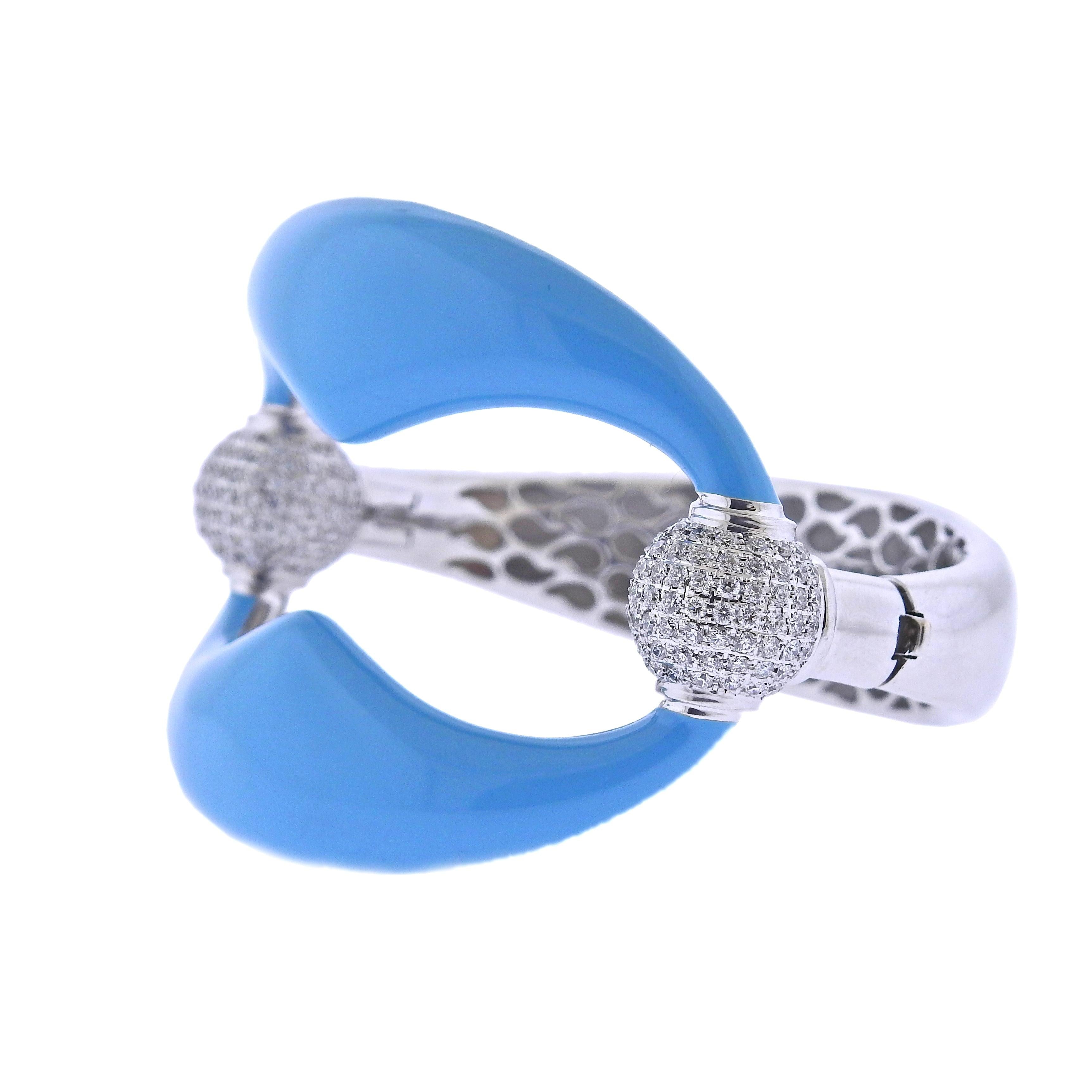 Nicolis Cola Blue Enamel Diamond Gold Bangle Bracelet