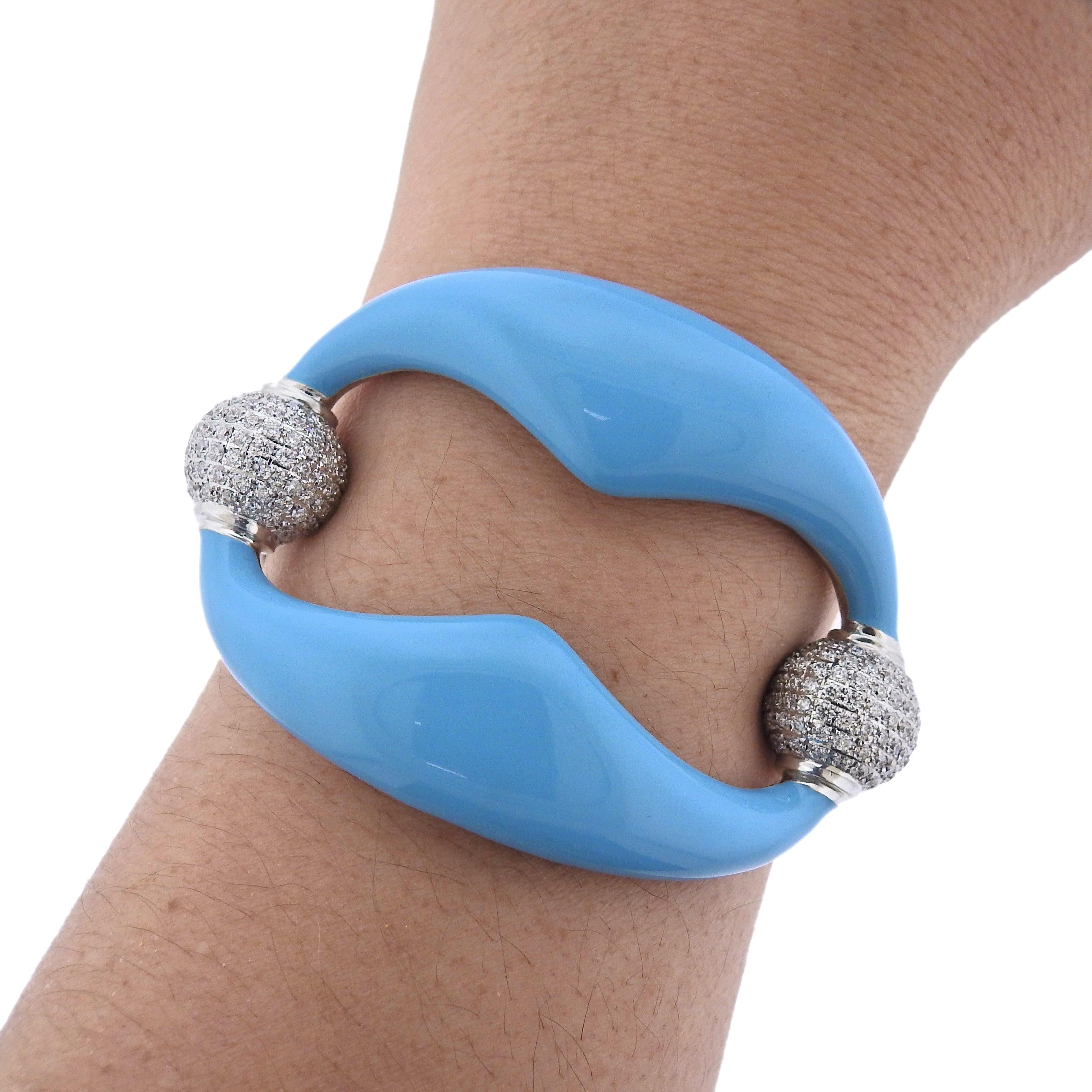 Nicolis Cola Blue Enamel Diamond Gold Bangle Bracelet