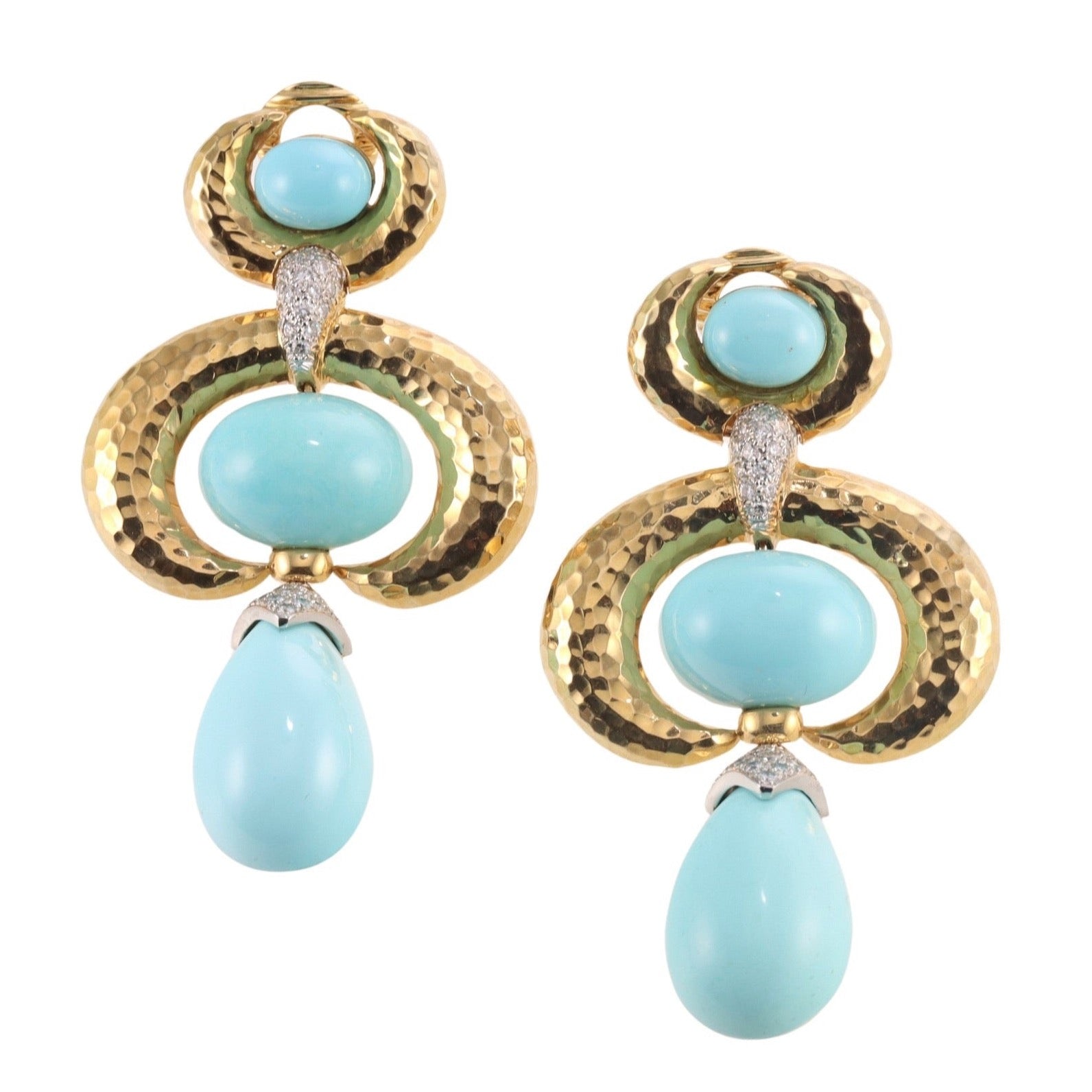 David Webb Diamond Turquoise Gold Platinum Double Crescent Pear Earrings