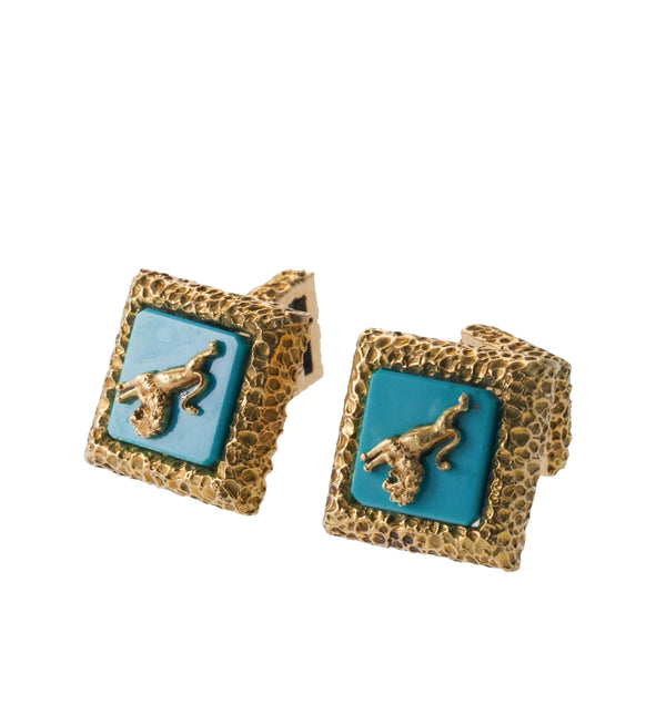 David Webb Turquoise Lion Gold Cufflinks