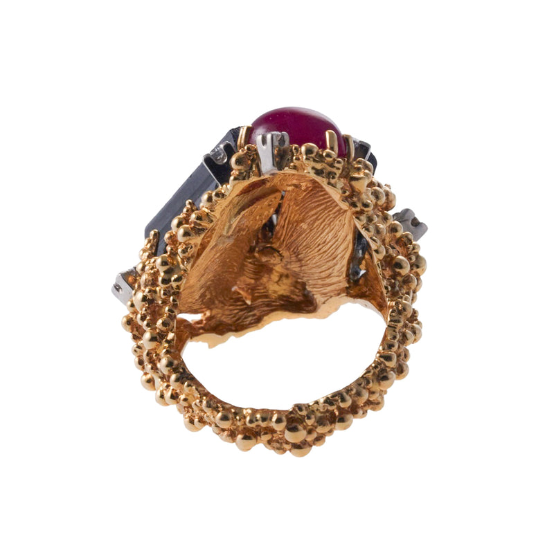 Gilbert Albert 1970s Tourmaline Pearl Diamond Ruby Gold Ring