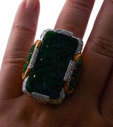 David Webb Diamond Carved Jade Platinum Gold Ring