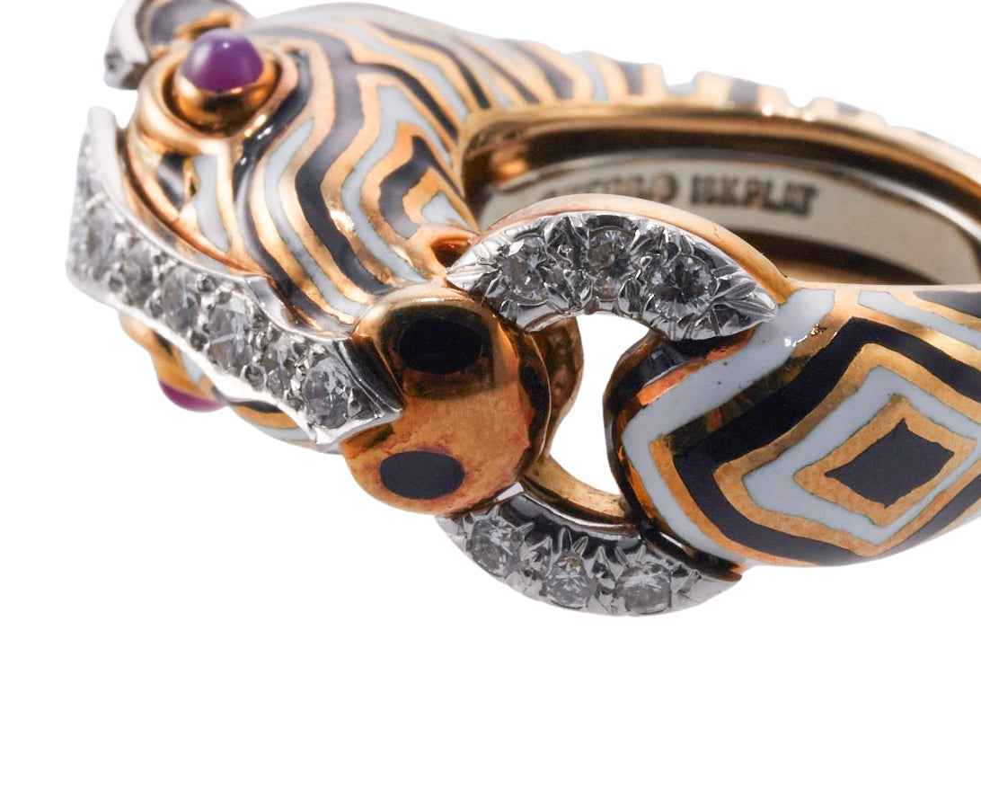 David Webb Diamond Ruby Gold Platinum Enamel Zebra Ring