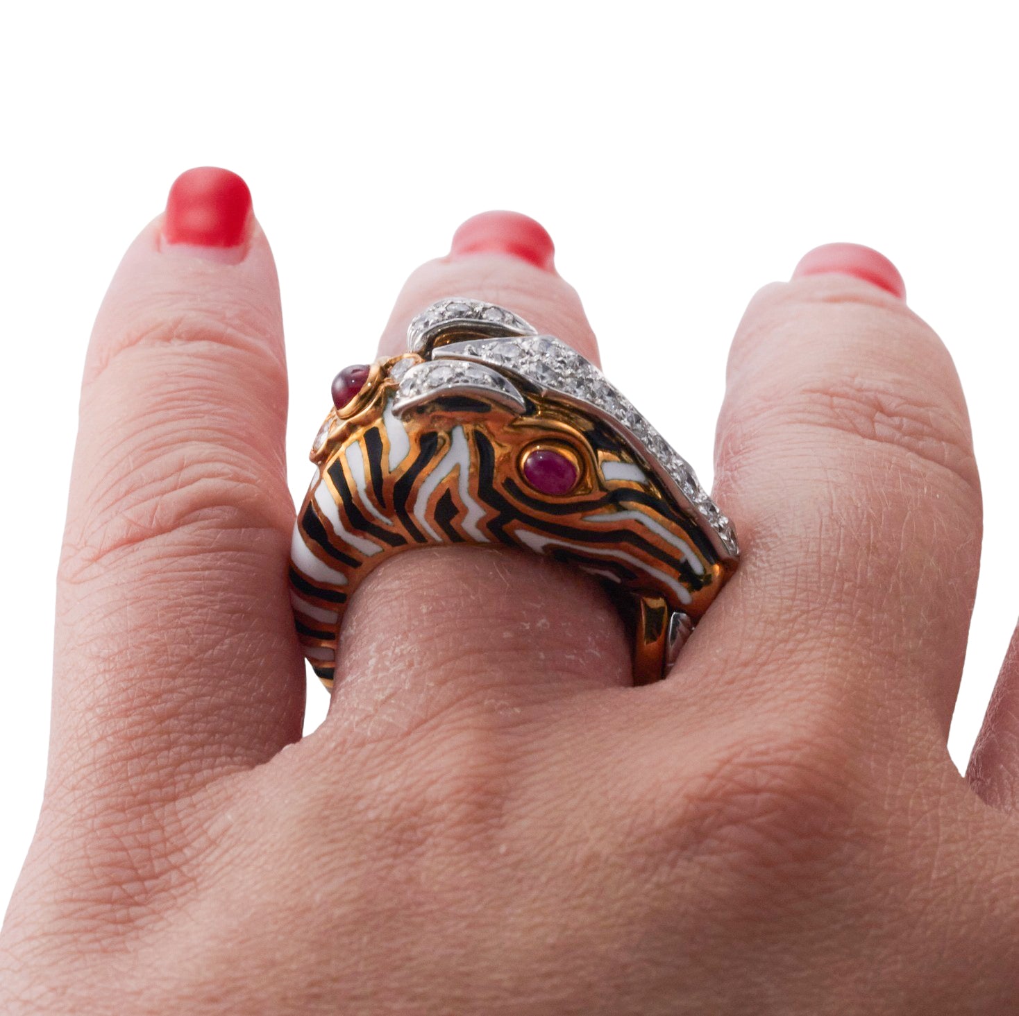 David Webb Diamond Ruby Gold Platinum Enamel Zebra Ring
