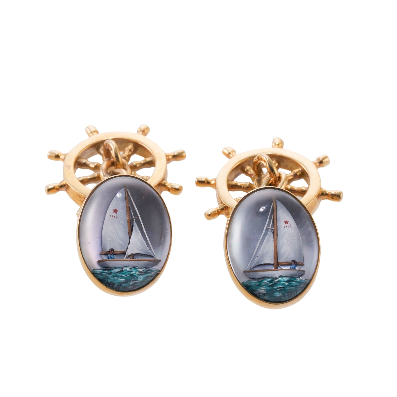 Gold Reverse Painting Ship Captain's Wheel Cufflinks
