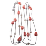 Coral Diamond Pearl Gold Long Station Necklace Set
