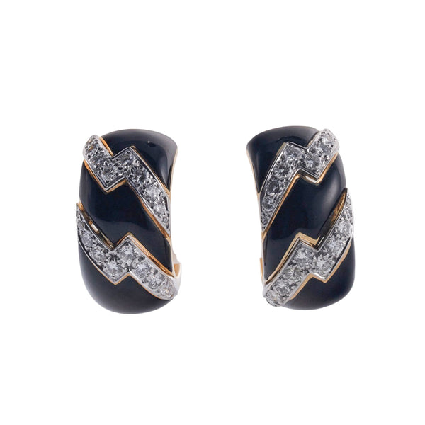 David Webb Enamel Diamond Gold Platinum Hoop Earrings