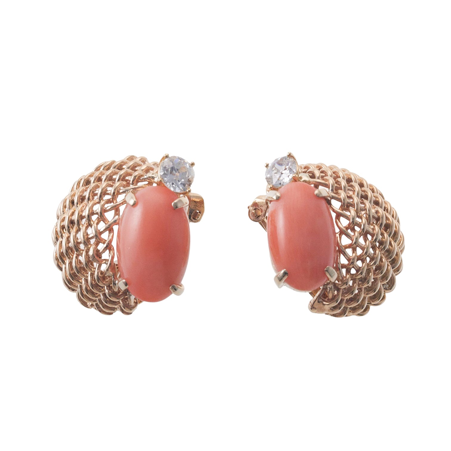 Seaman Schepps 1940s Basket Weave Coral Diamond Gold Earrings