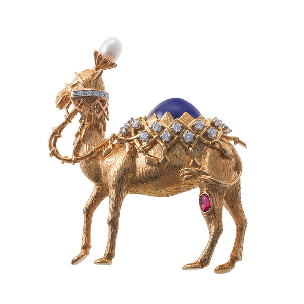 Tiffany & Co Schlumberger Diamond Pearl Ruby Lapis Gold Camel Brooch
