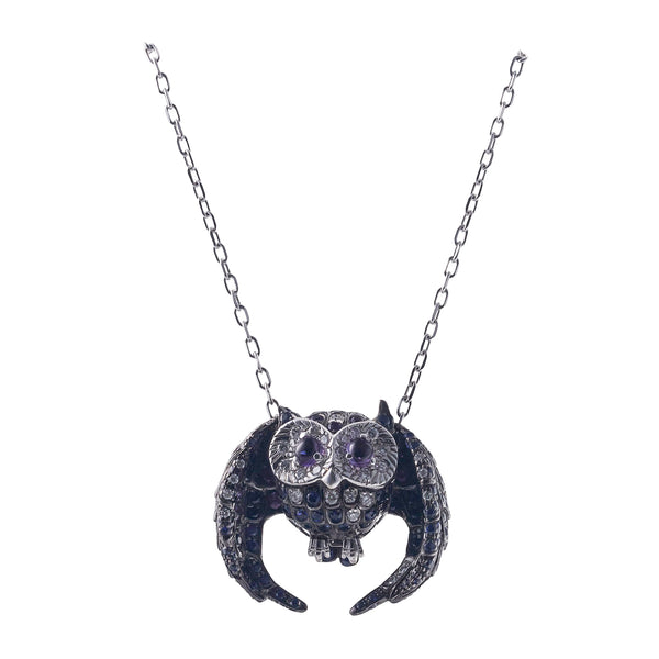 Boucheron Diamond Sapphire Amethyst Gold Owl Pendant Necklace