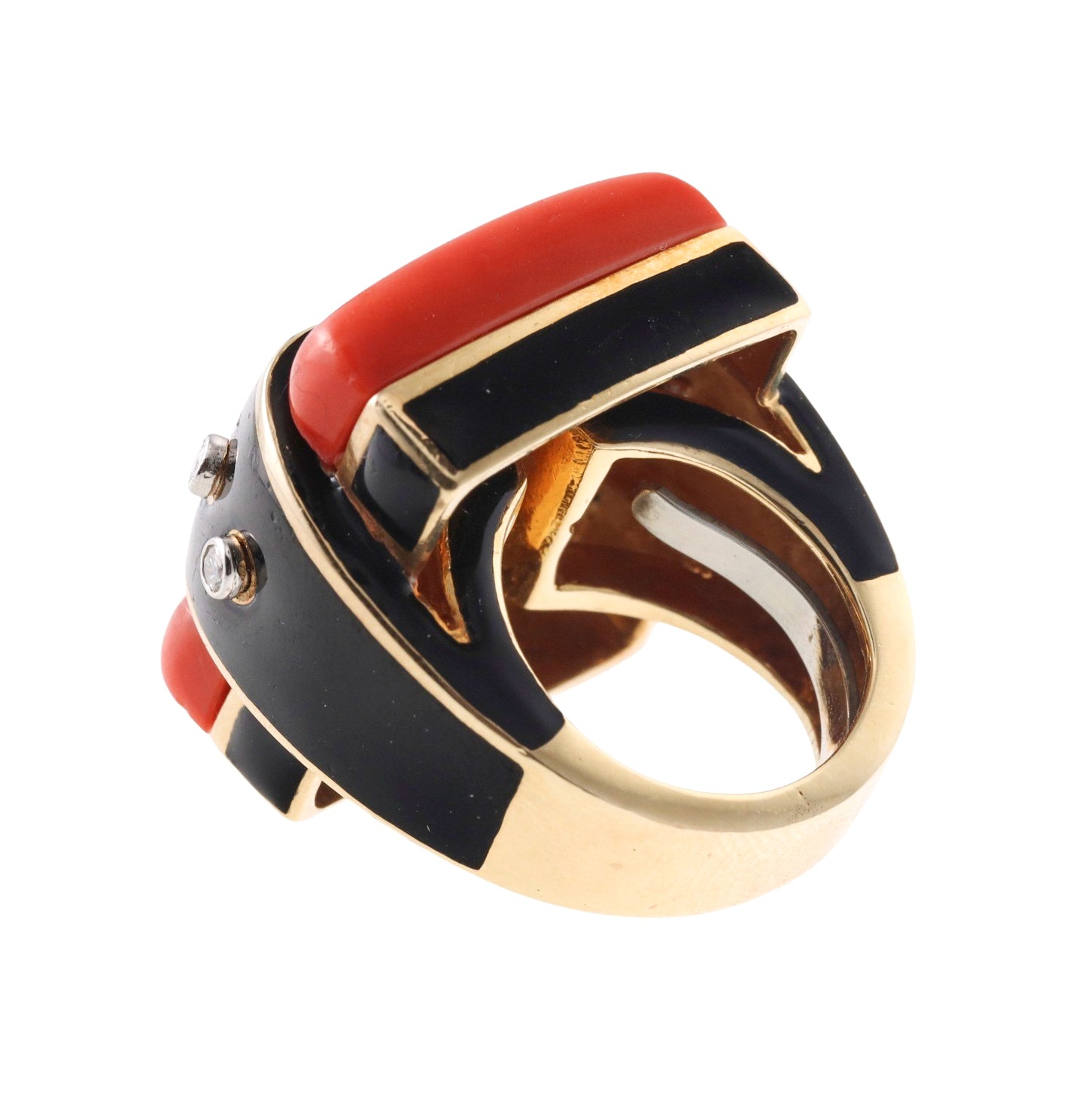 David Webb Coral Diamond Enamel Gold Platinum Domino Ring