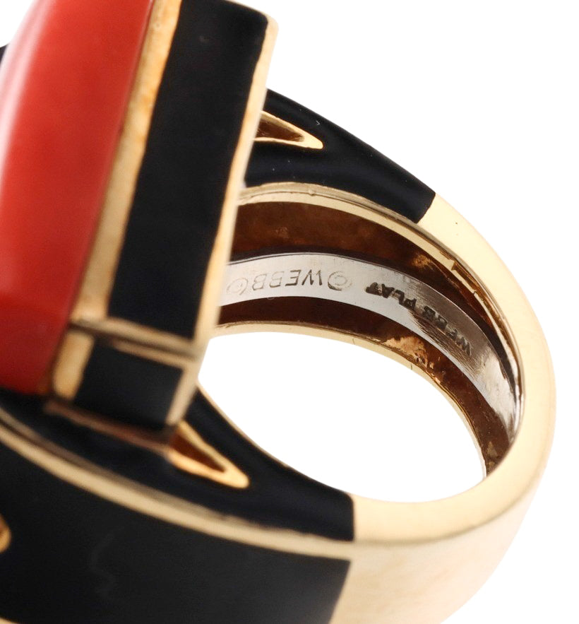 David Webb Coral Diamond Enamel Gold Platinum Domino Ring