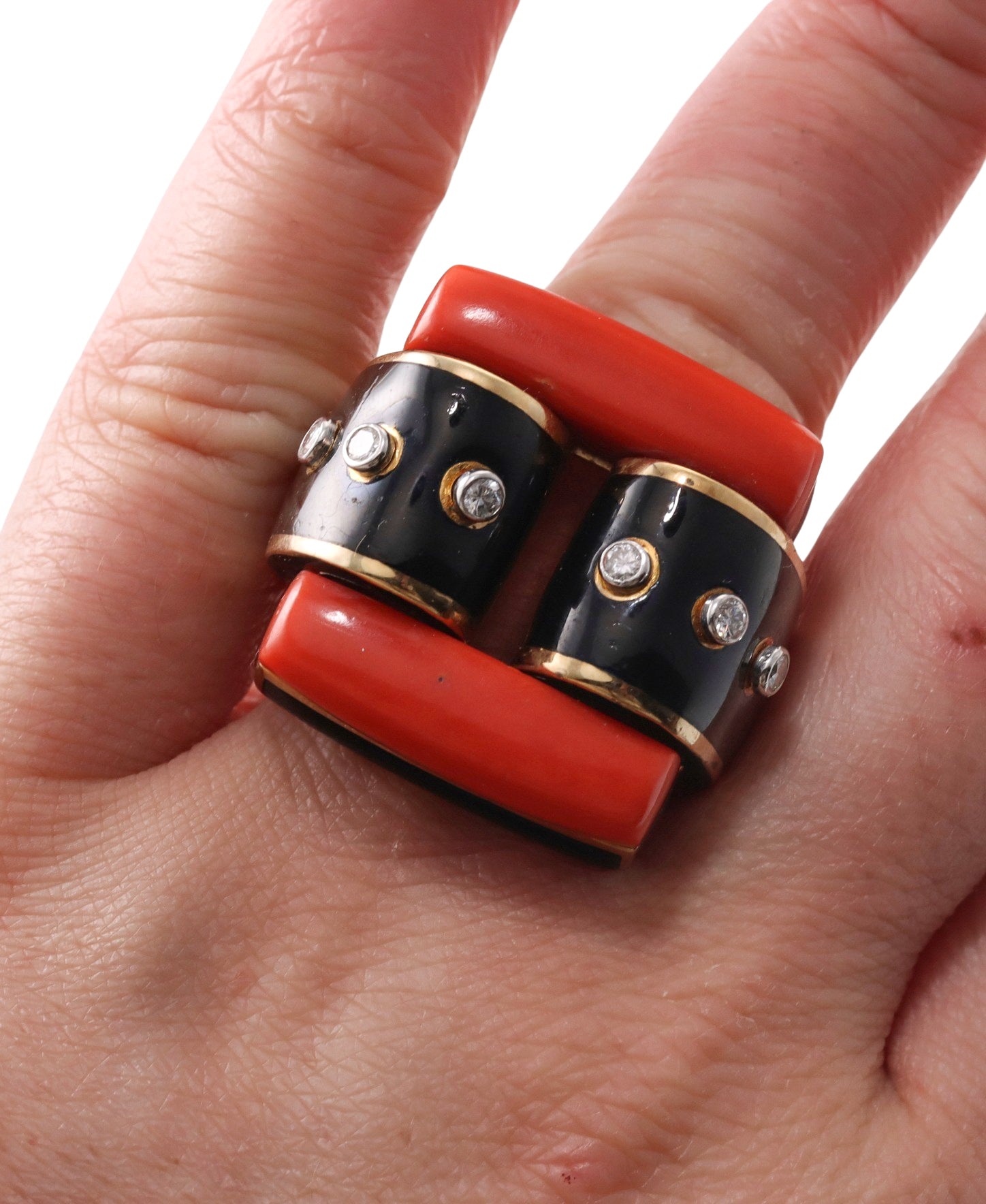 David Webb Coral Diamond Enamel Gold Platinum Domino Ring
