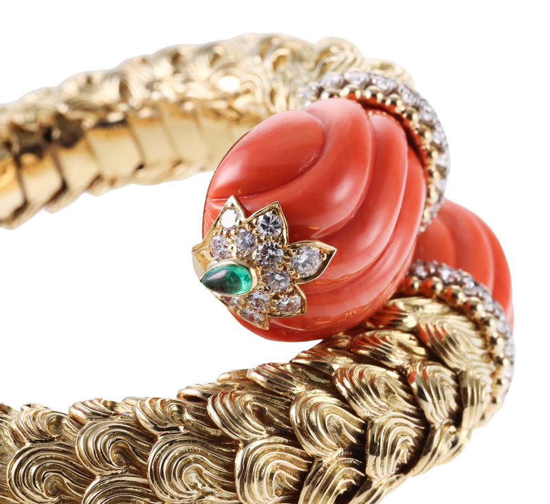 David Webb Diamond Coral Emerald Gold Platinum Wrap Bracelet