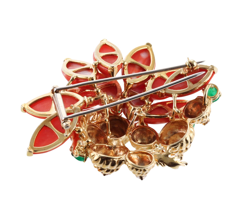 1970s Coral Emerald Diamond Gold Earrings Brooch Set