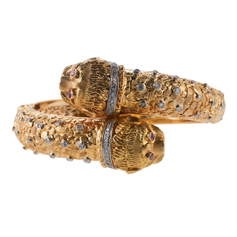 Early Lalaounis Greece Chimera Ruby Diamond Gold Bypass Bracelet