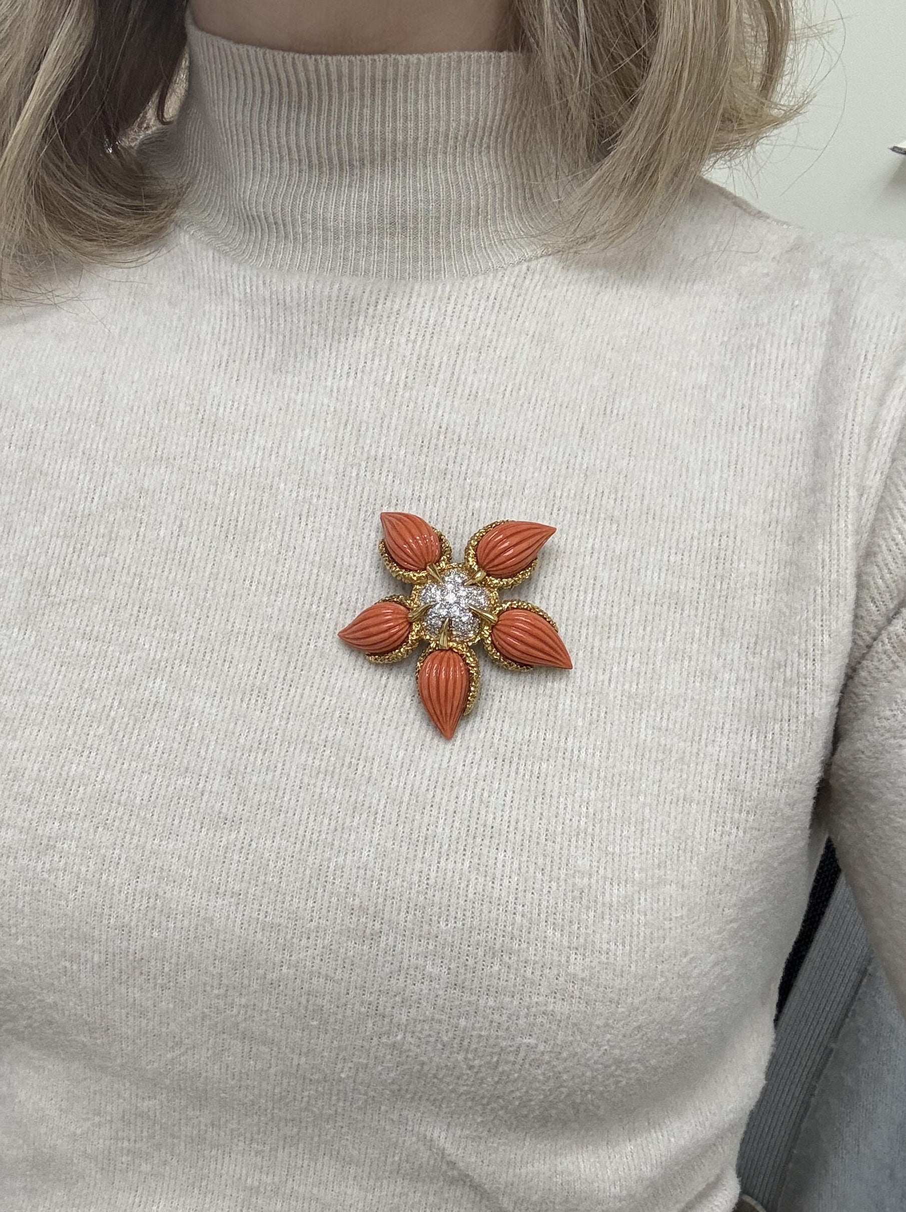 Tiffany & Co Coral Diamond Gold Brooch Pin