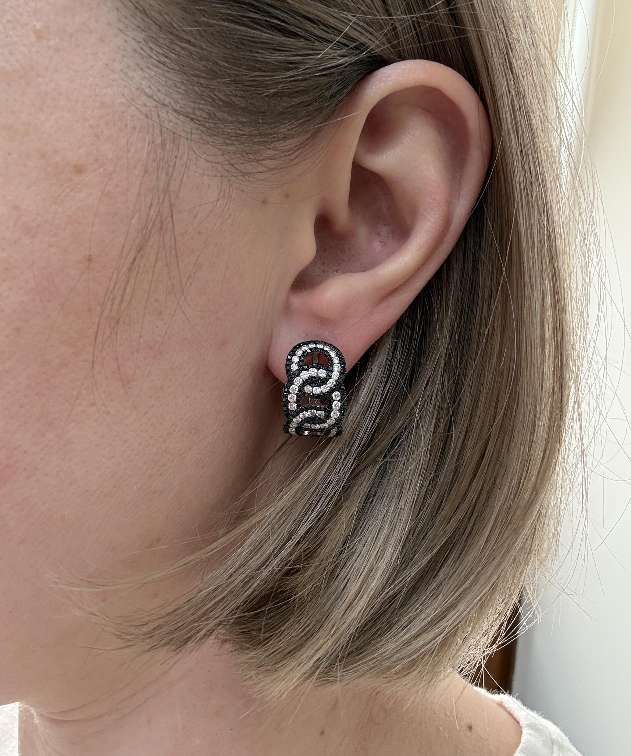 Black & White Diamond Gold Half Hoop Earrings