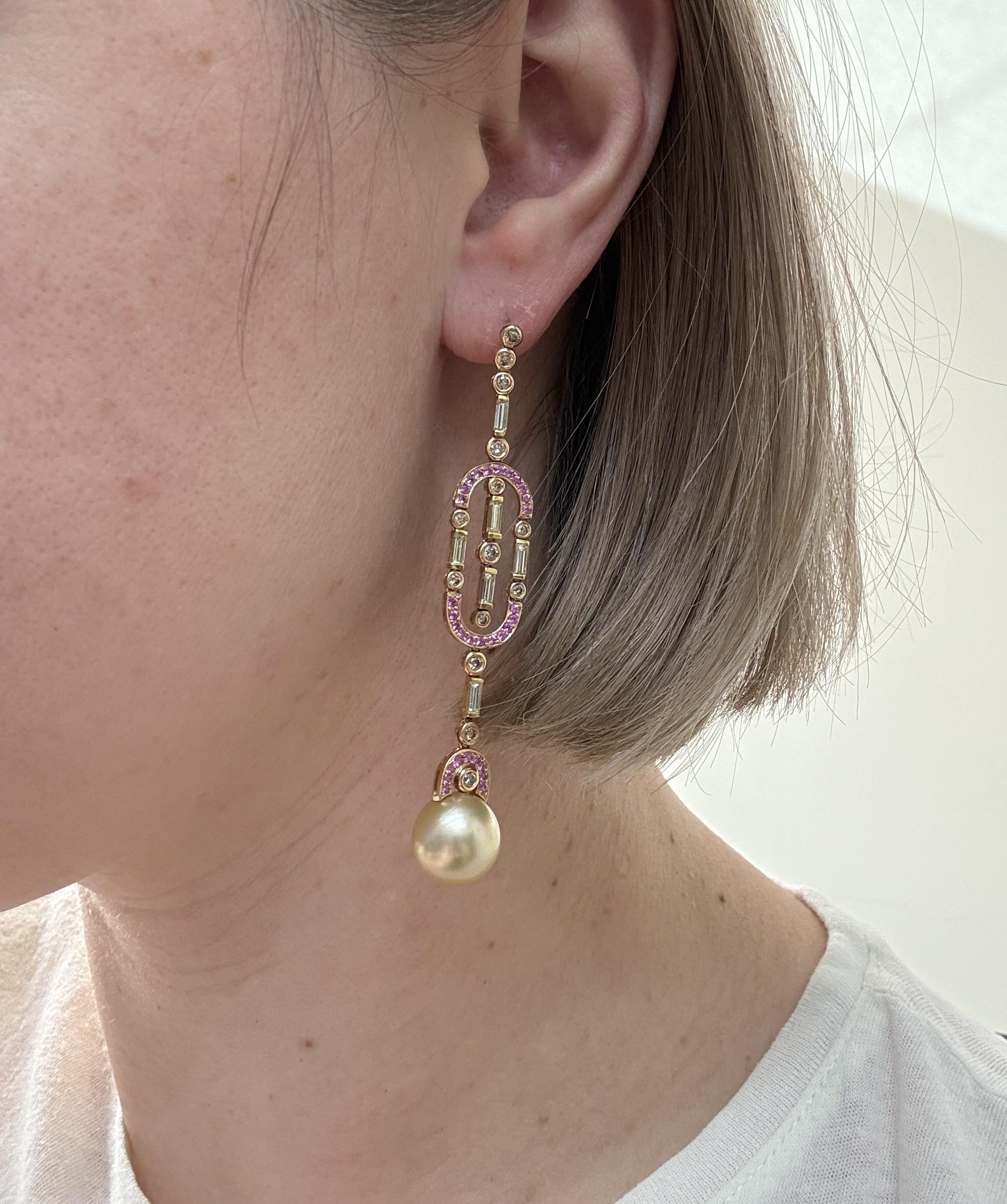 South Sea Pearl Diamond Pink Sapphire Gold Chandelier Night & Day Earrings