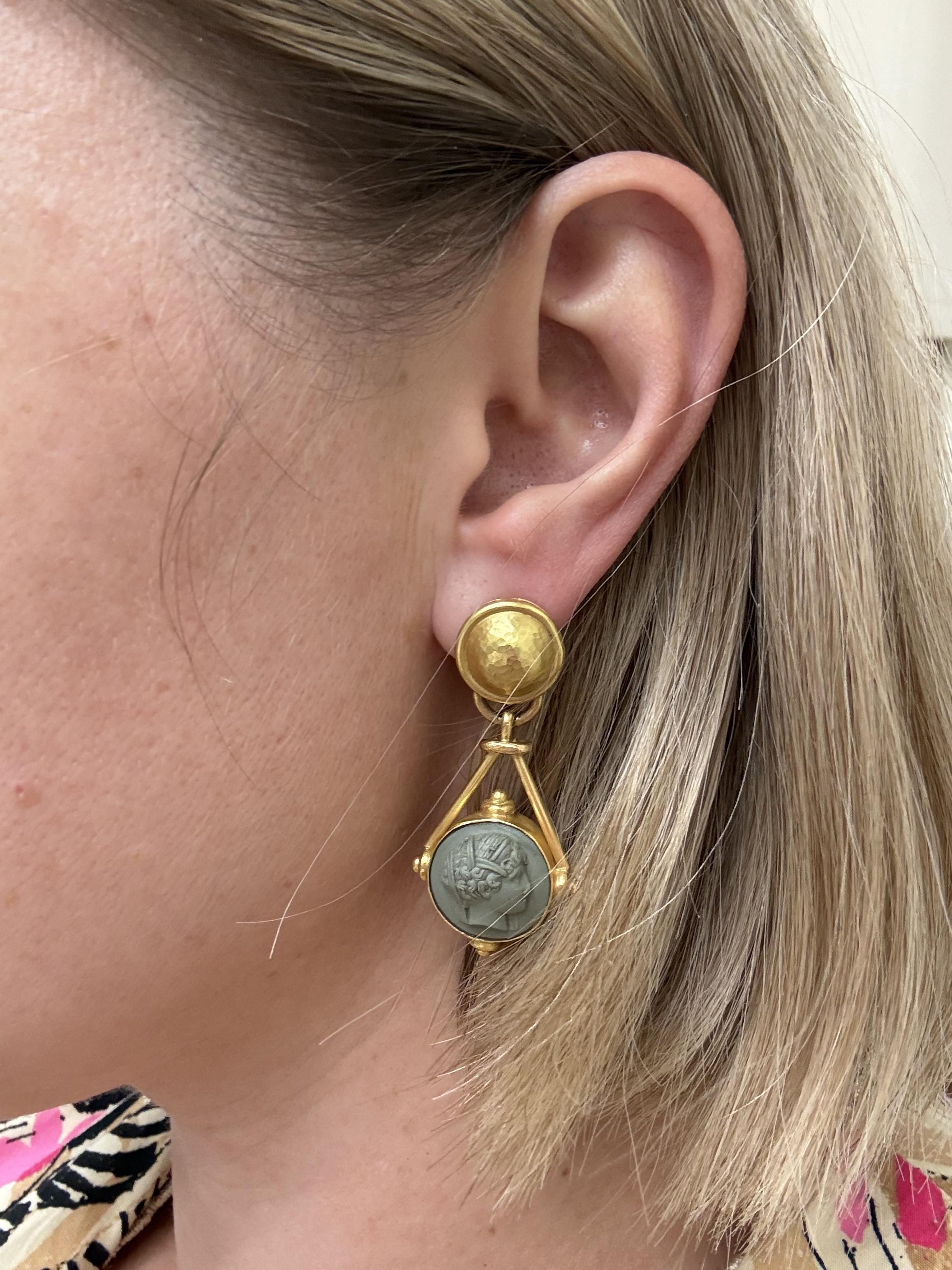 Elizabeth Locke Lava Cameo Gold Drop Earrings