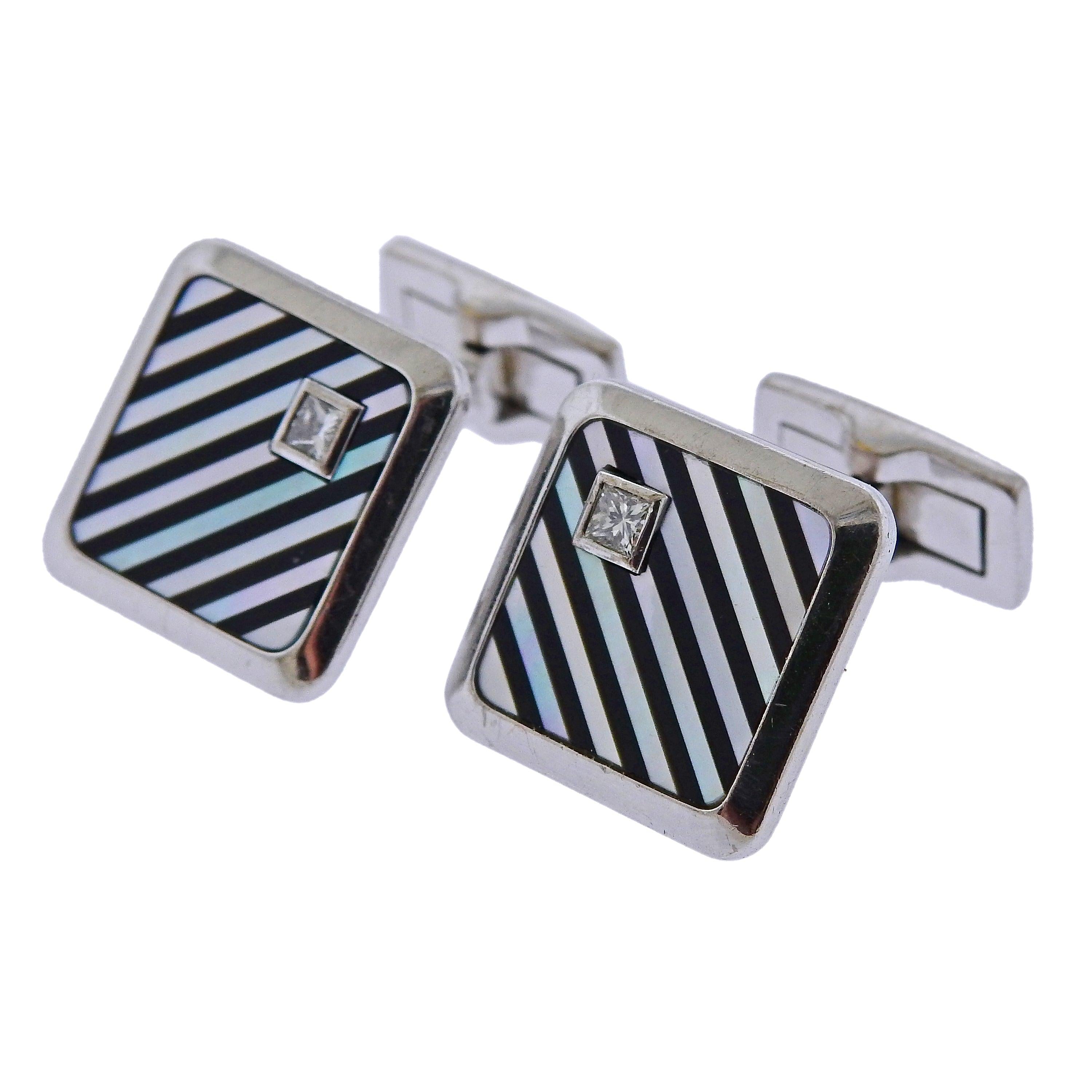 Piaget Diamond Mother of Pearl Onyx Inlay Gold Cufflinks