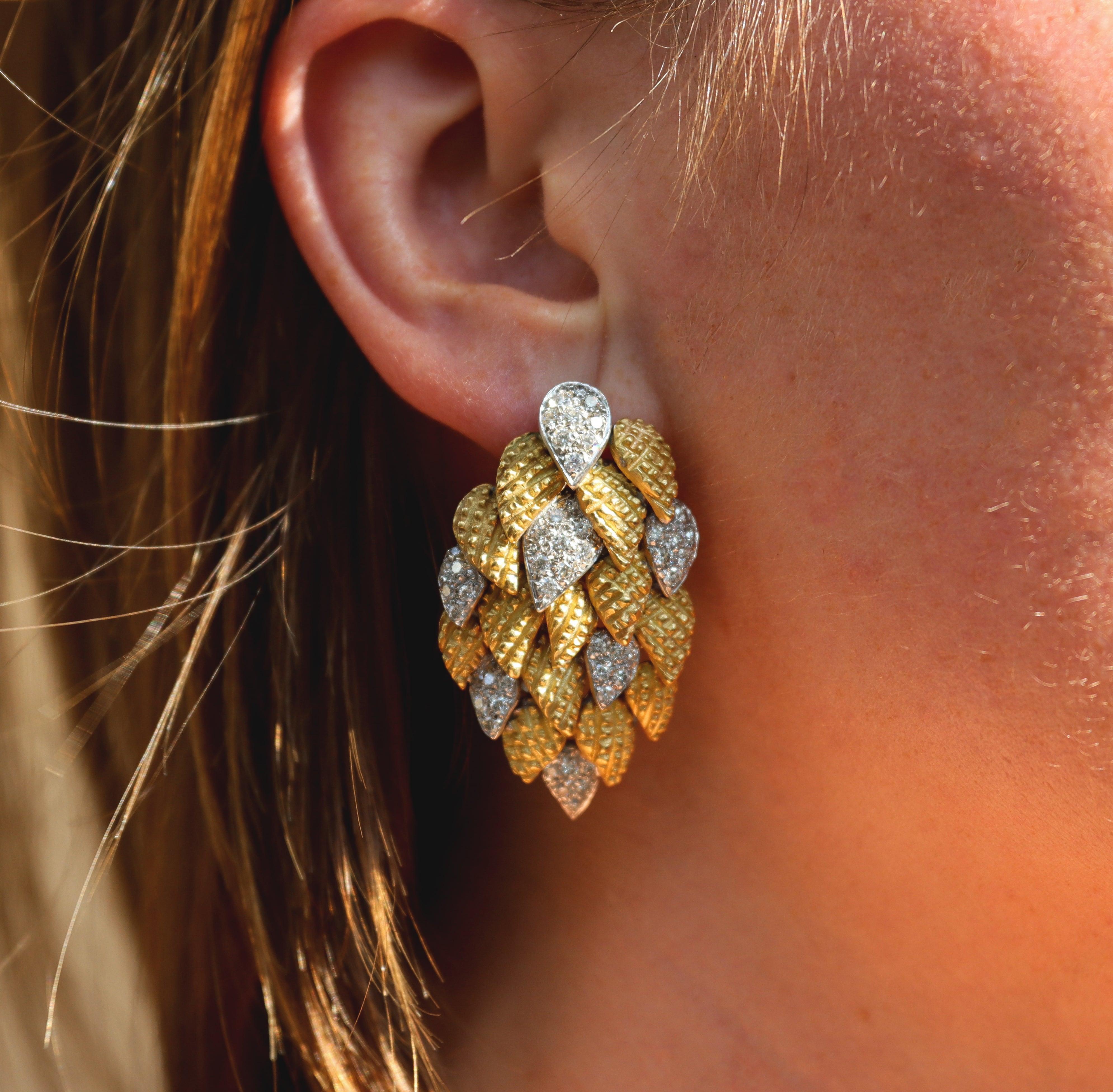Piranesi Gold Diamond Leaf Motif Earrings