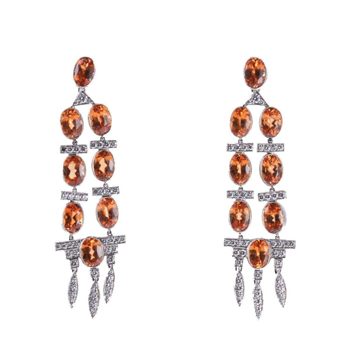 Platinum Diamond Spessartite Garnet Chandelier Earrings