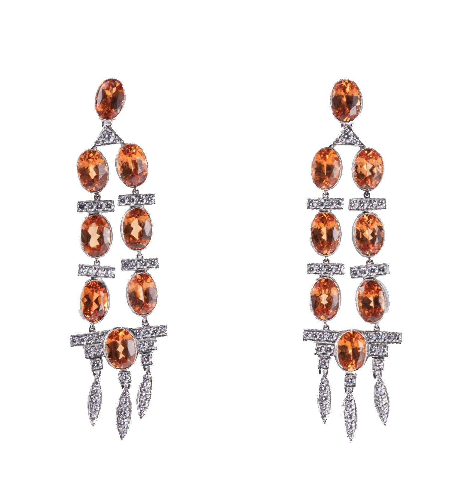 Platinum Diamond Spessartite Garnet Chandelier Earrings