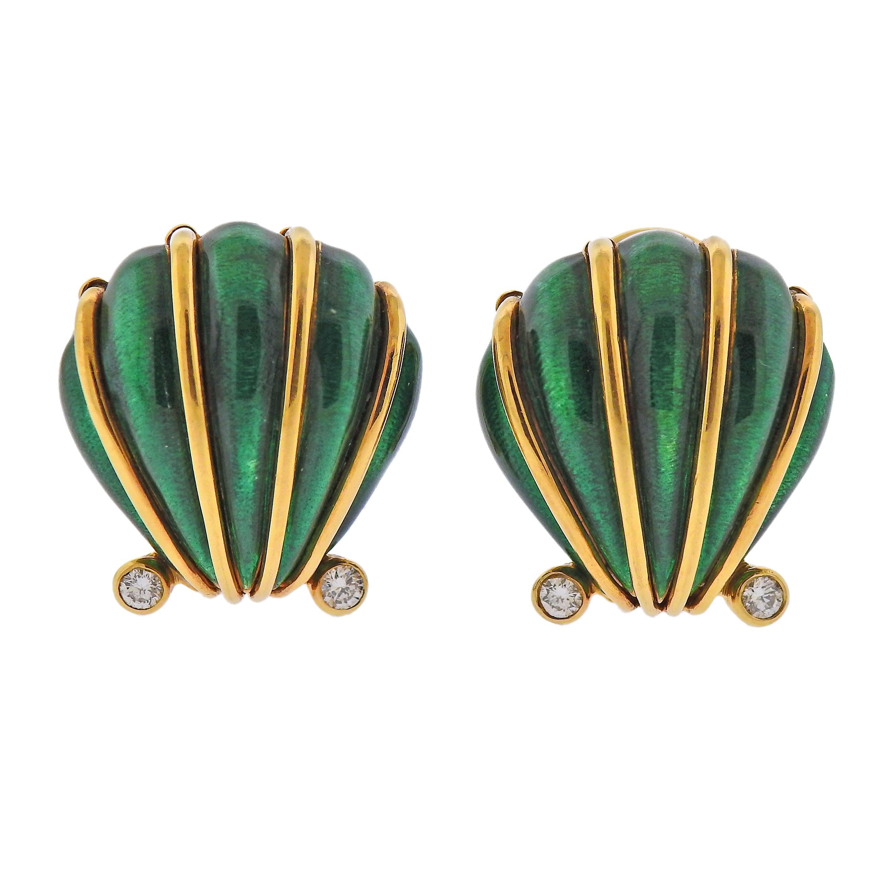 Tiffany & Co Schlumberger Enamel Diamond Shell Earrings