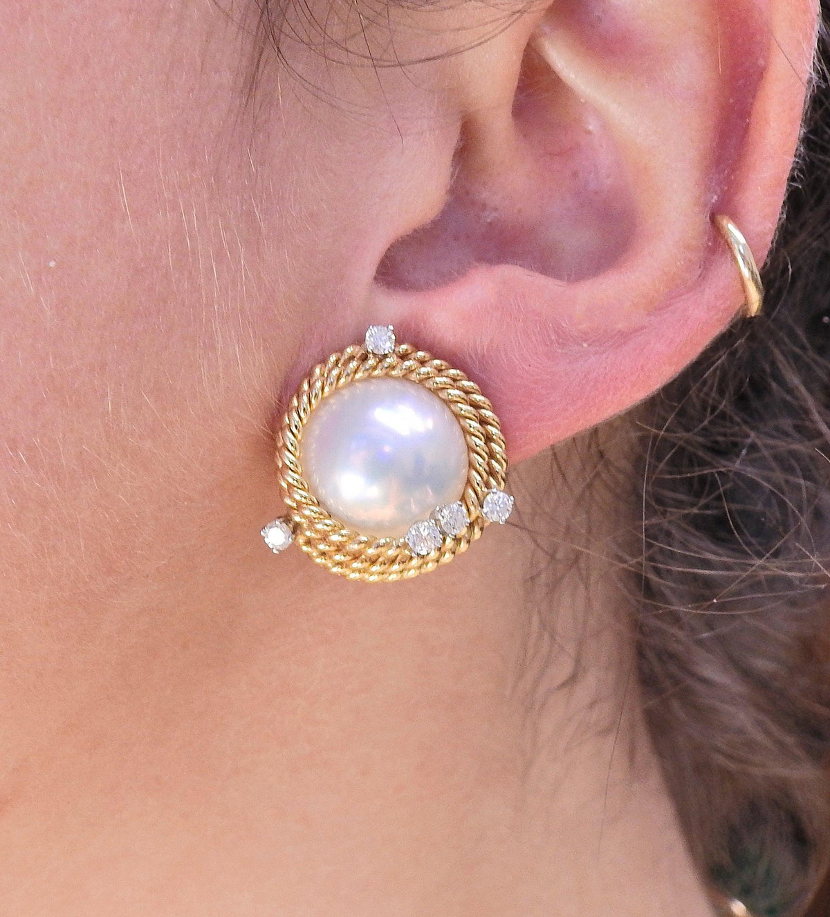 Tiffany & Co Schlumberger Rope Diamond Pearl Gold Platinum Earrings