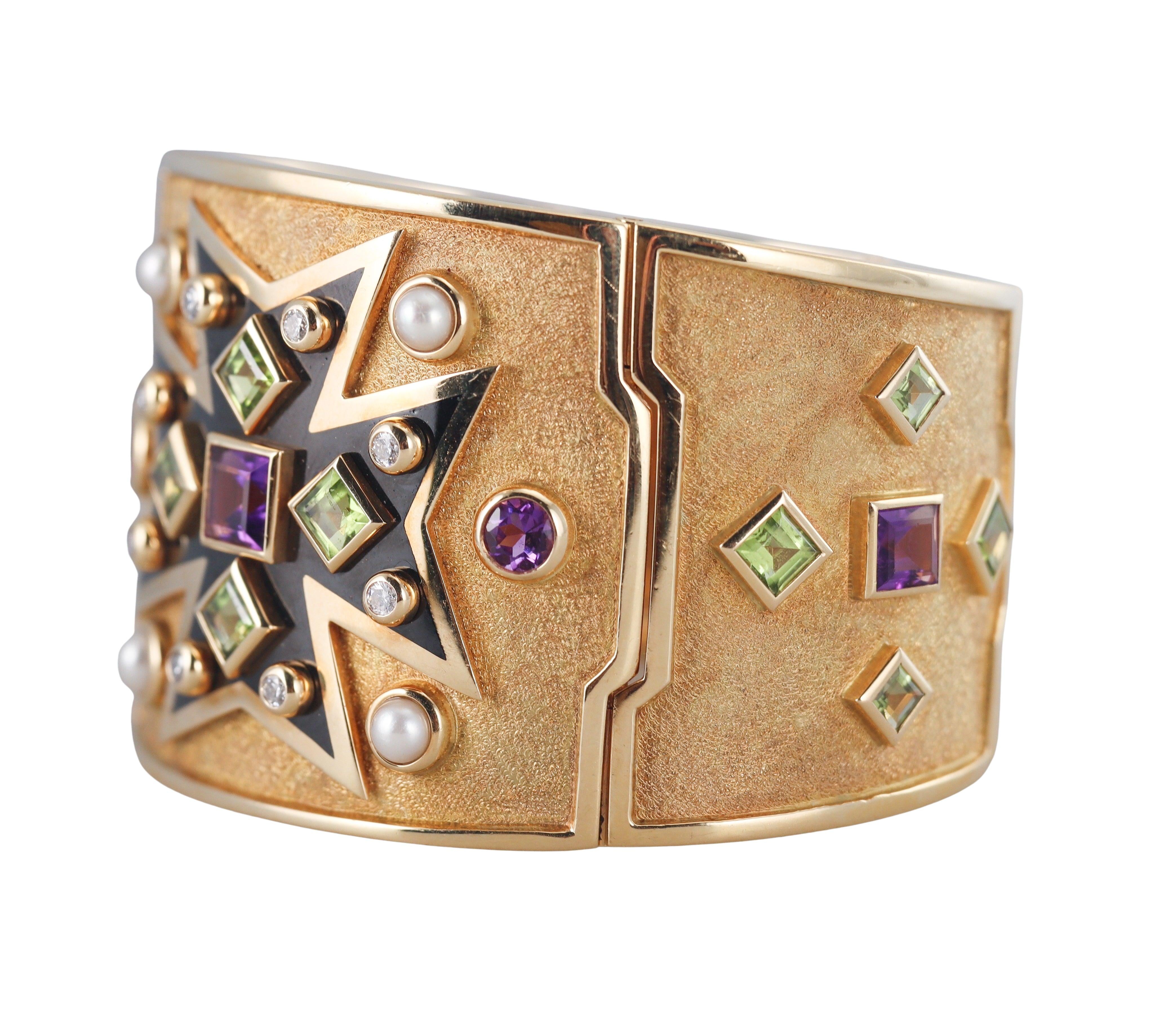 Verdura Maltese Cross Gold Amethyst Pearl Enamel Bracelet