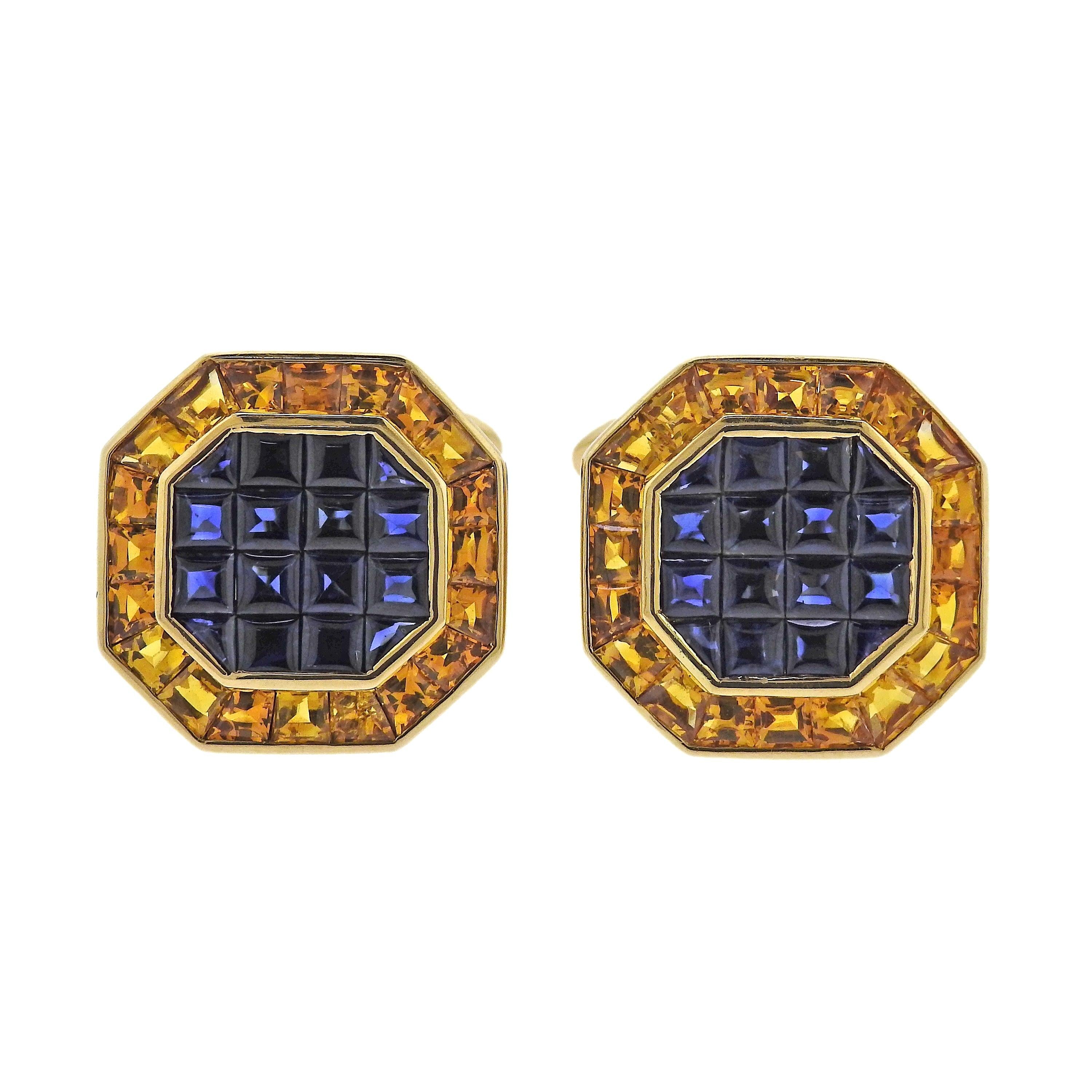 Yellow Blue Sapphire Gold Classic Cufflinks