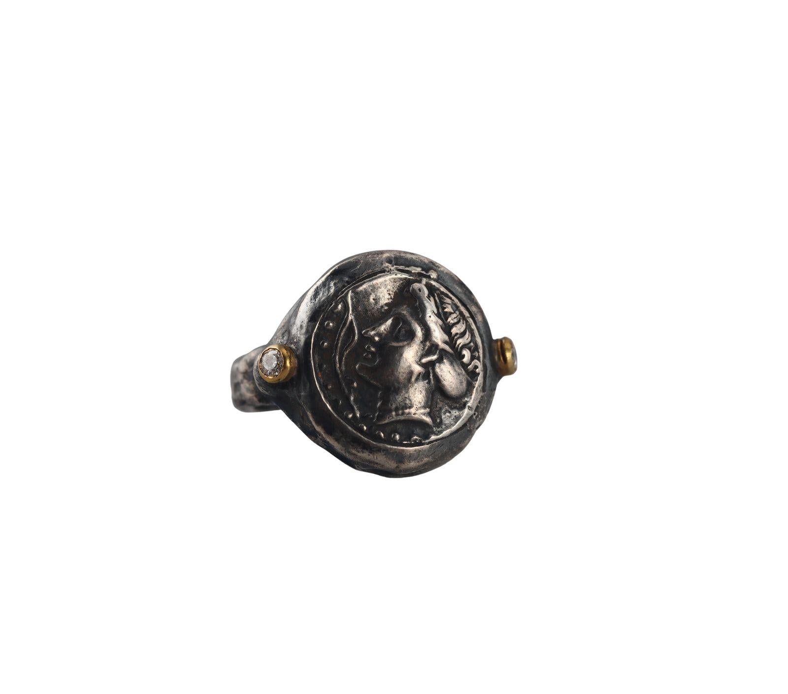 Ancient Inspired Gold Silver Diamond Greek Hercules Ring