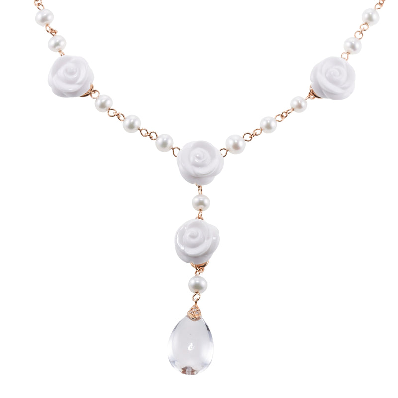 Mimi Milano Grace White Agate Diamond Pearl Gold Pendant Necklace