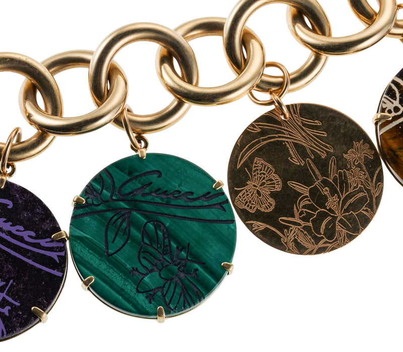 Gucci Malachite Tiger's Eye Sugilite Charm Gold Bracelet