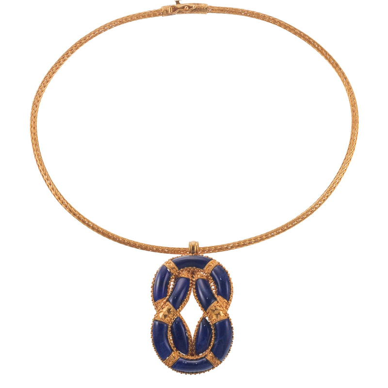 Lalaounis Greece Sodalite Gold Hercules Knot Pendant Necklace