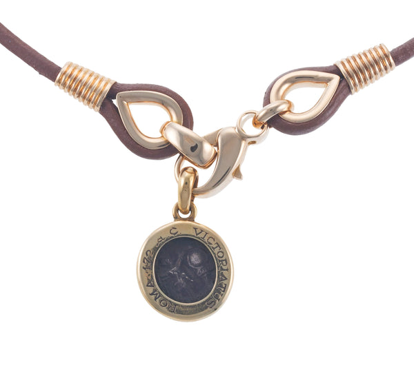 Bvlgari Bulgari Monete Ancient Roman Coin Gold Leather Pendant Necklace