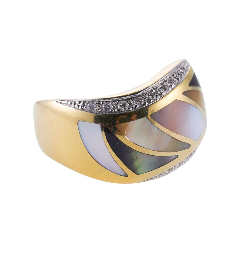 Asch Grossbardt Inlay Mother of Pearl Diamond Gold Wave Ring
