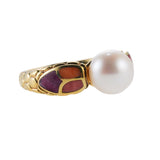 Asch Grossbardt MOP Coral Gemstone Pearl Inlay Gold Ring
