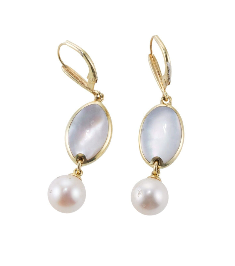 Asch Grossbardt MOP Coral Inlay Pearl Gold Earrings