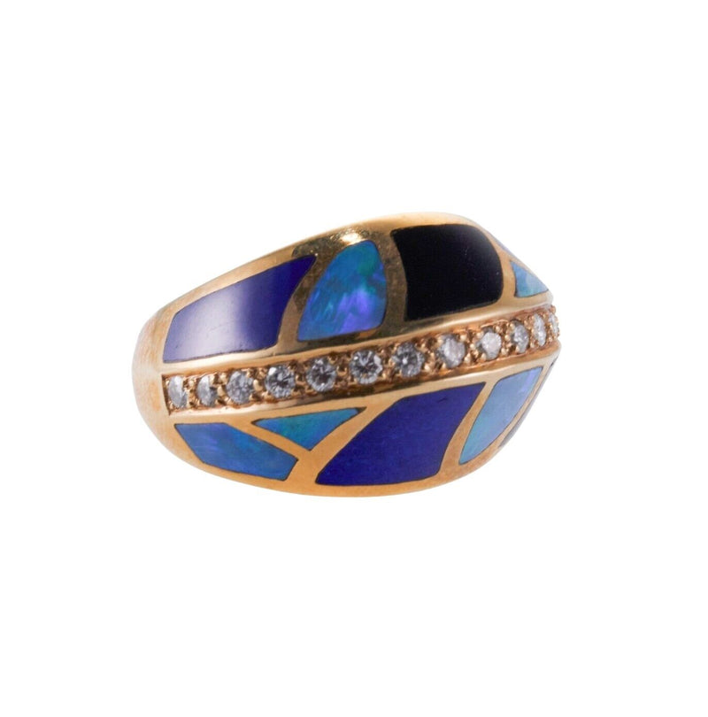 Asch Grossbardt Inlay Mother of Pearl Onyx Opal Lapis Diamond Gold Ring