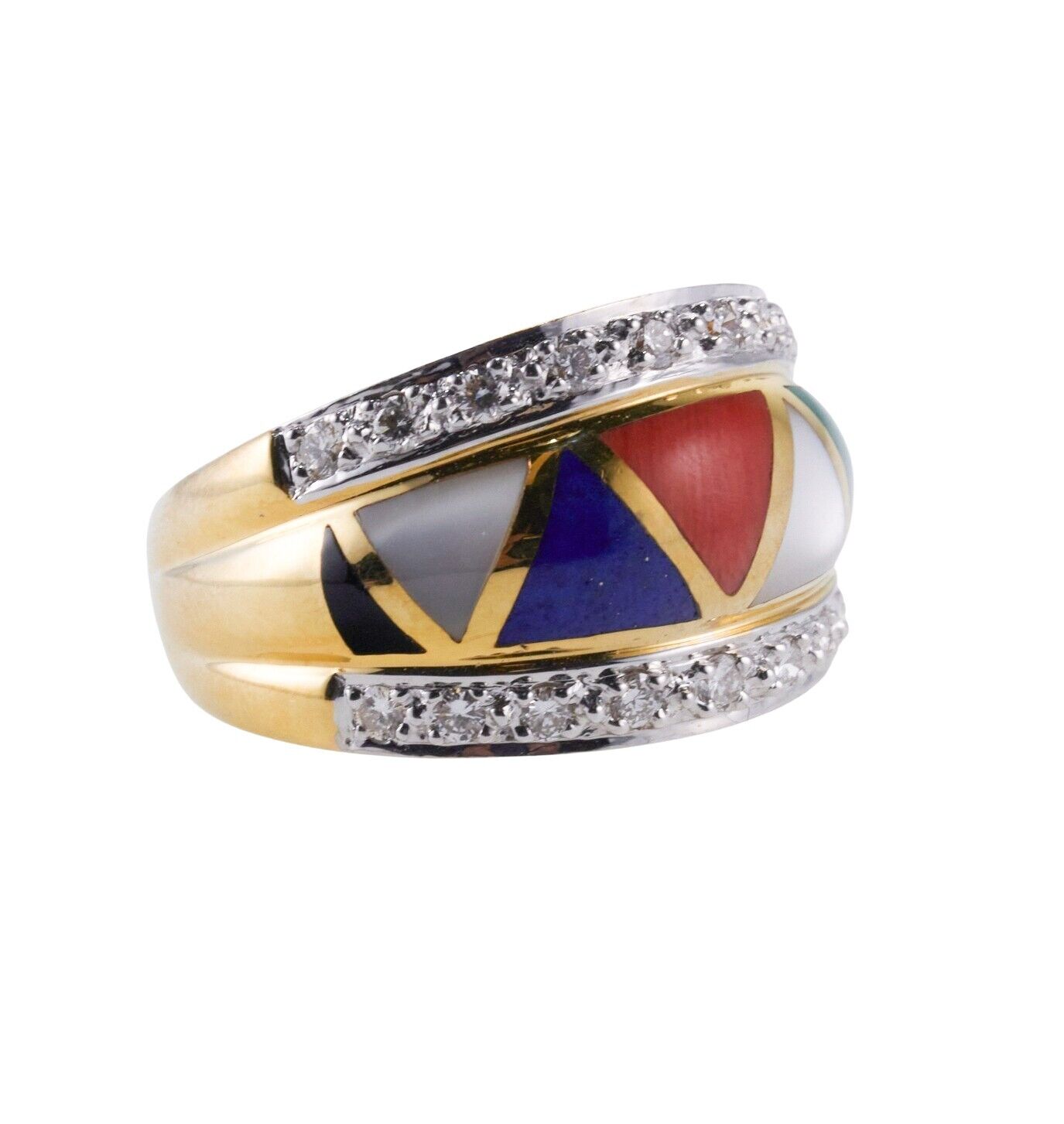 Asch Grossbardt Inlay Malachite Coral Lapis Diamond Gold Ring