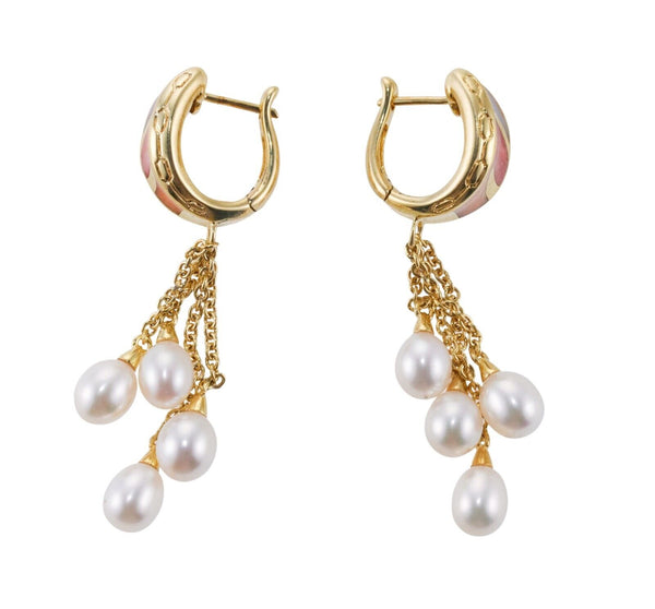 Asch Grossbardt MOP Coral Inlay Pearl Gold Drop Earrings
