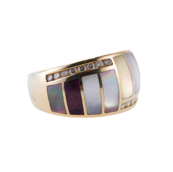 Asch Grossbardt Inlay Mother of Pearl Coral Sugilite Diamond Gold Ring