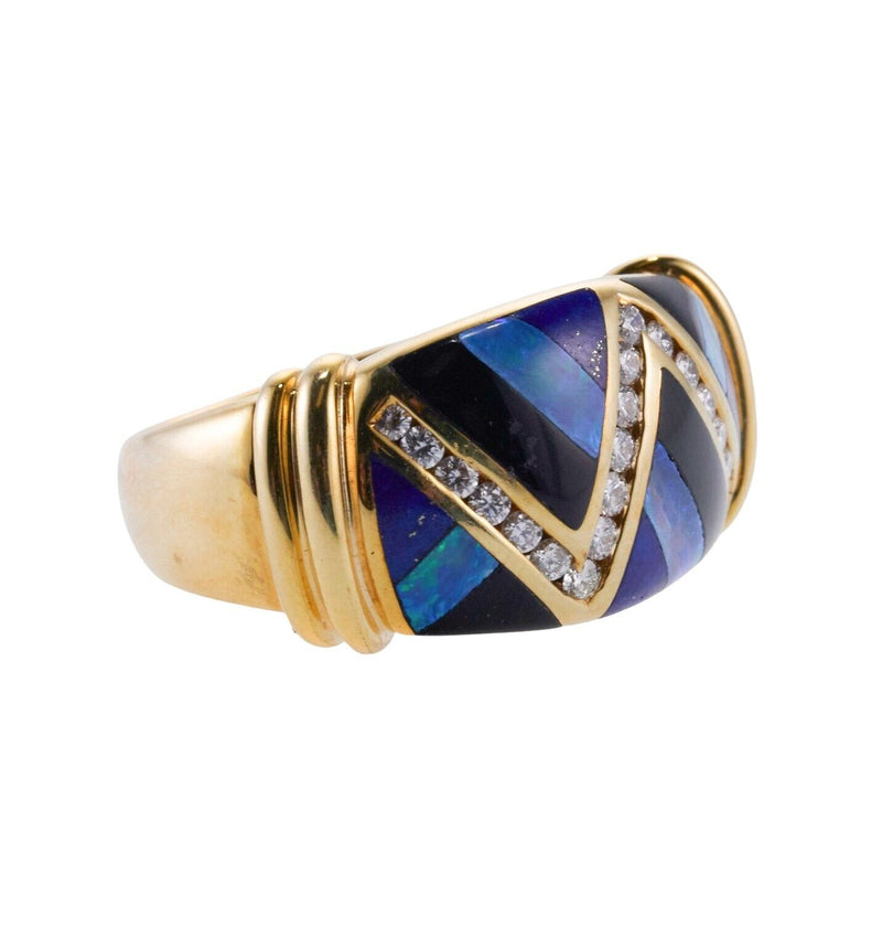 Asch Grossbardt Inlay Onyx Opal Lapis Diamond Gold Ring